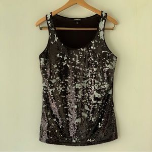 Express Women's Tank Top Med Reversible Black White Sequins Front Solid Back